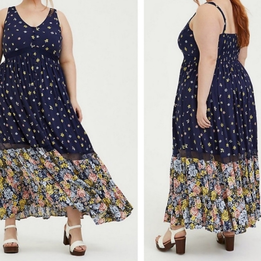 Torrid Navy Mixed Floral Challis Maxi Dress